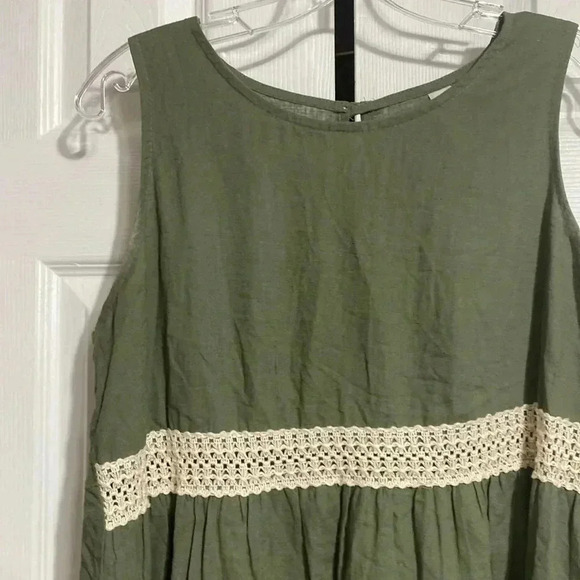New Collection green & tan linen dress size MEDIUM - Picture 4 of 15
